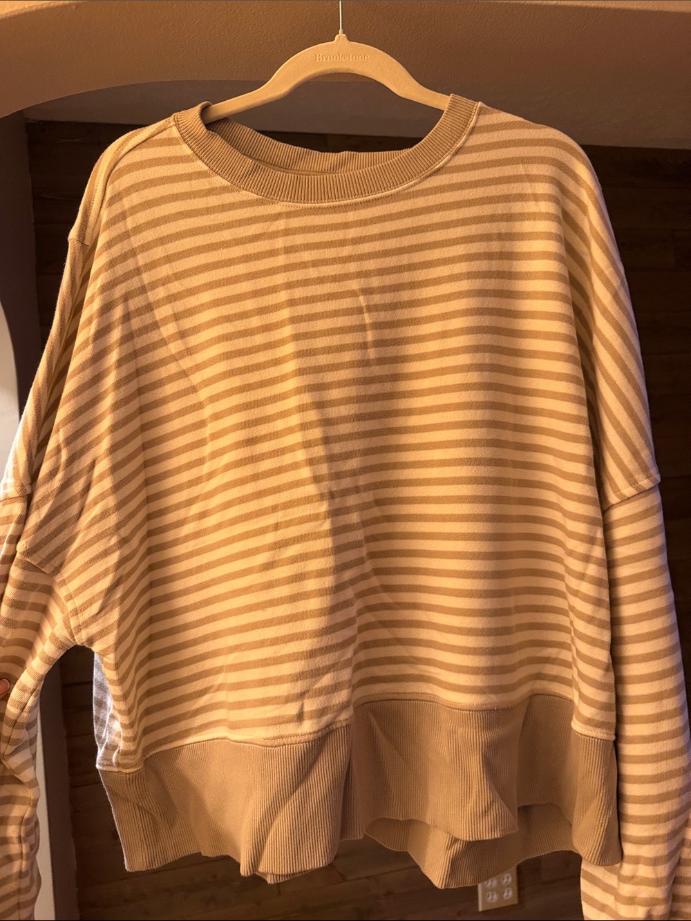 aerie Beige and Cream Striped Crewneck Sweater